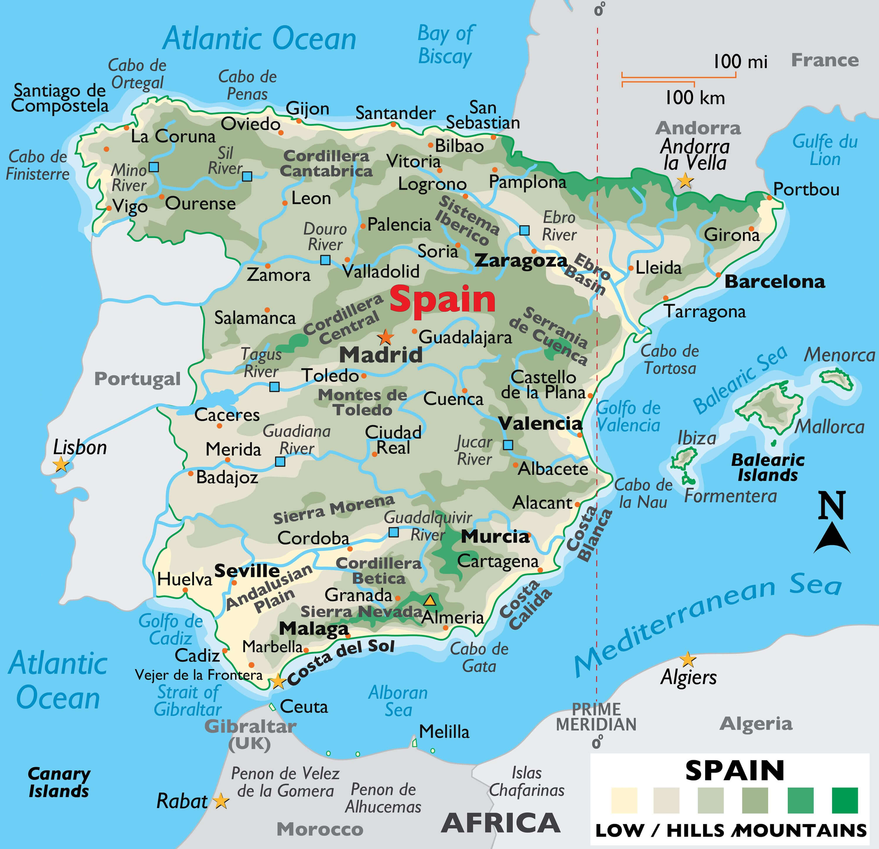 Spain map with major cities and rivers: Madrid, Barcelona, Ebro, Guadalquivir.