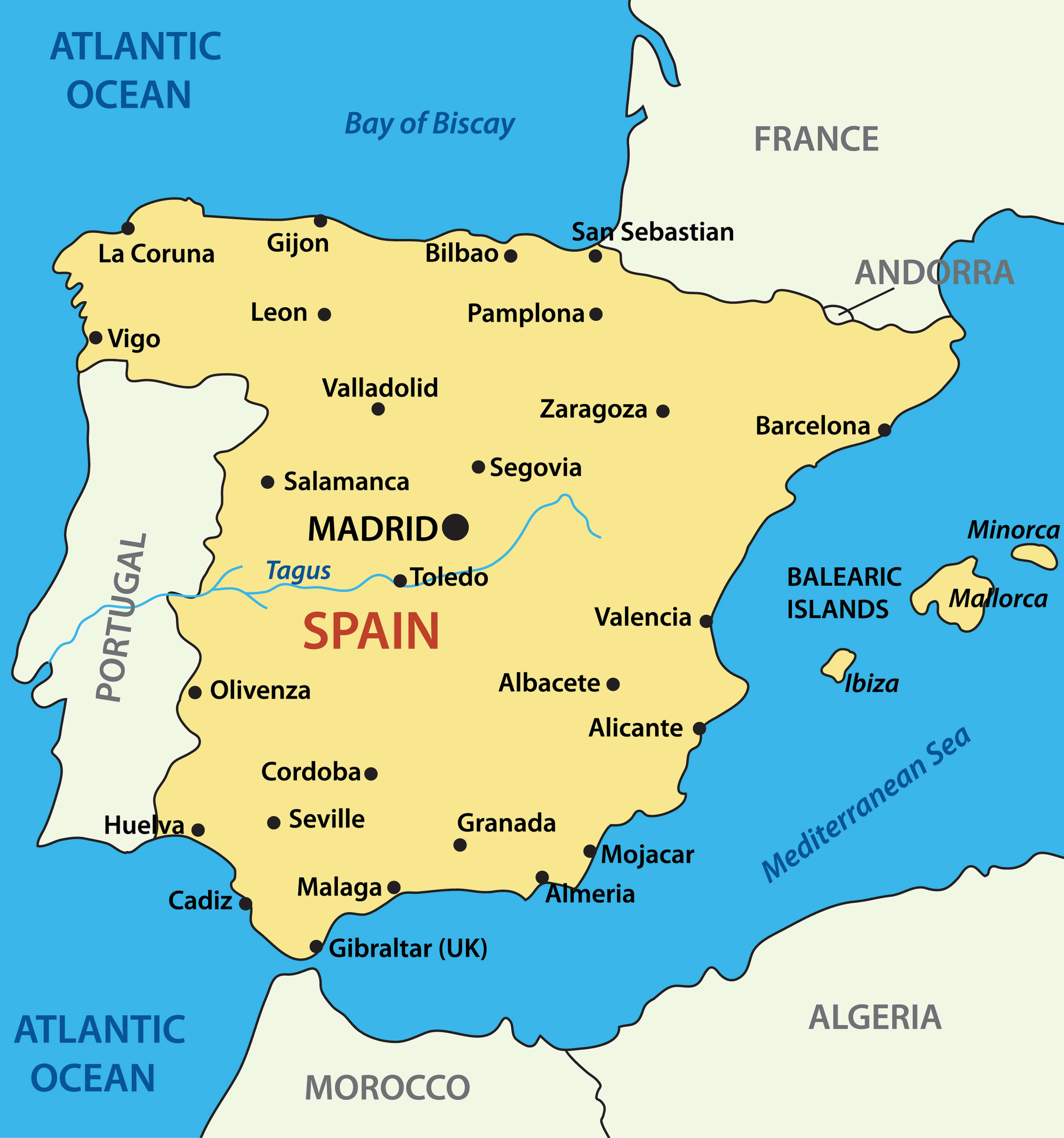 Map of Spain showing major cities, rivers, and surrounding regions