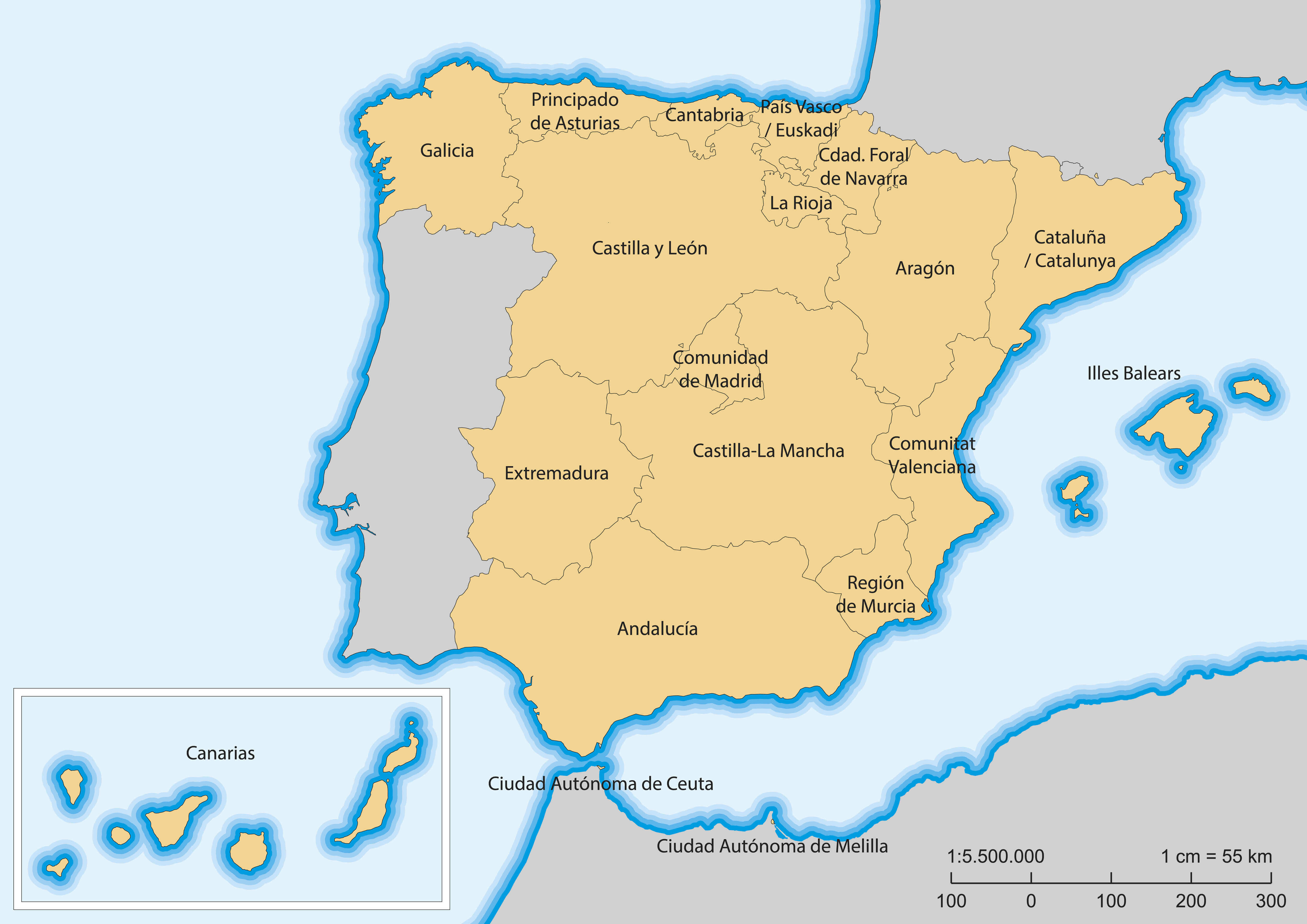 Map of Spain showing autonomous regions, Balearic and Canary Islands