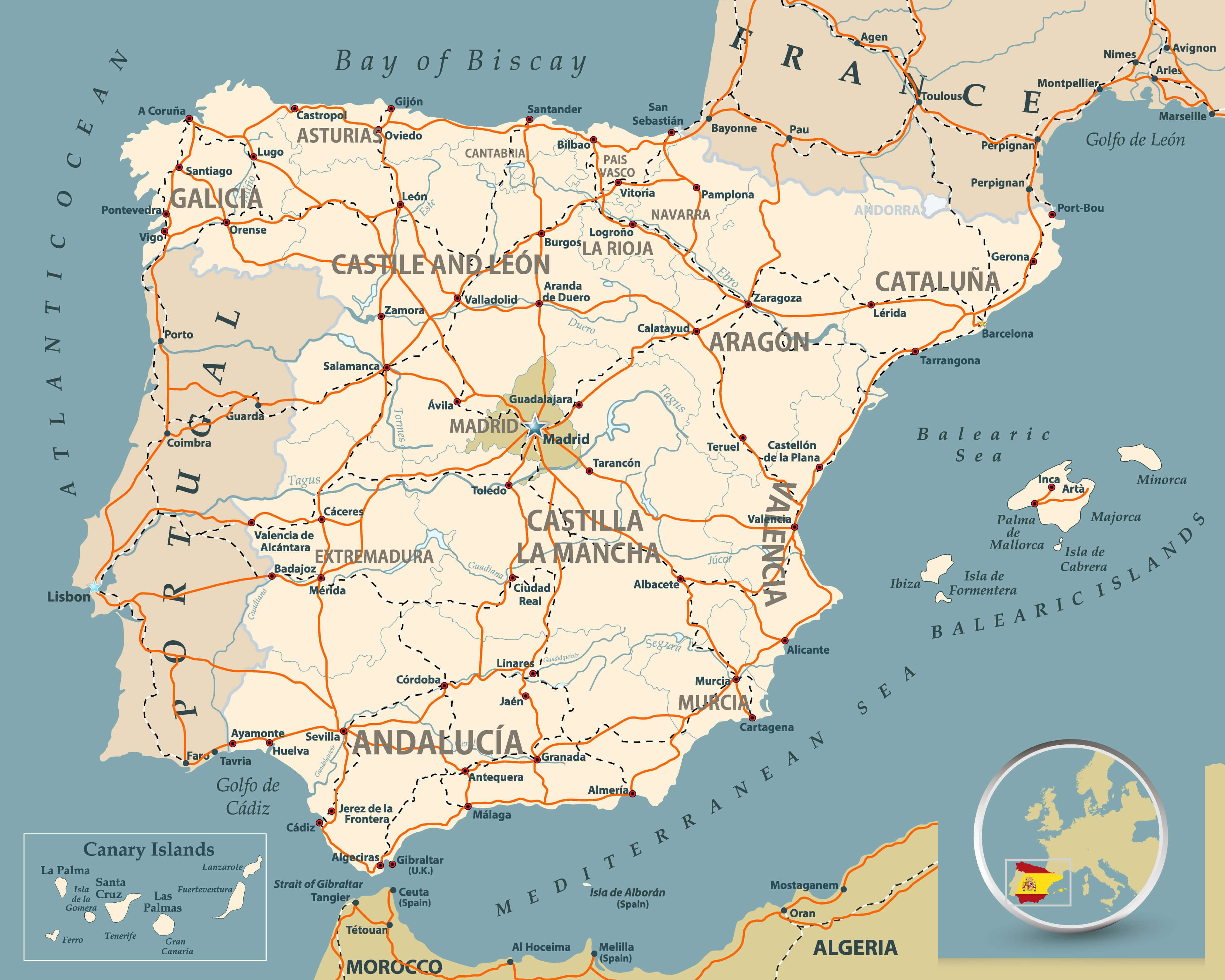 Spain regions, major cities, and transport routes map