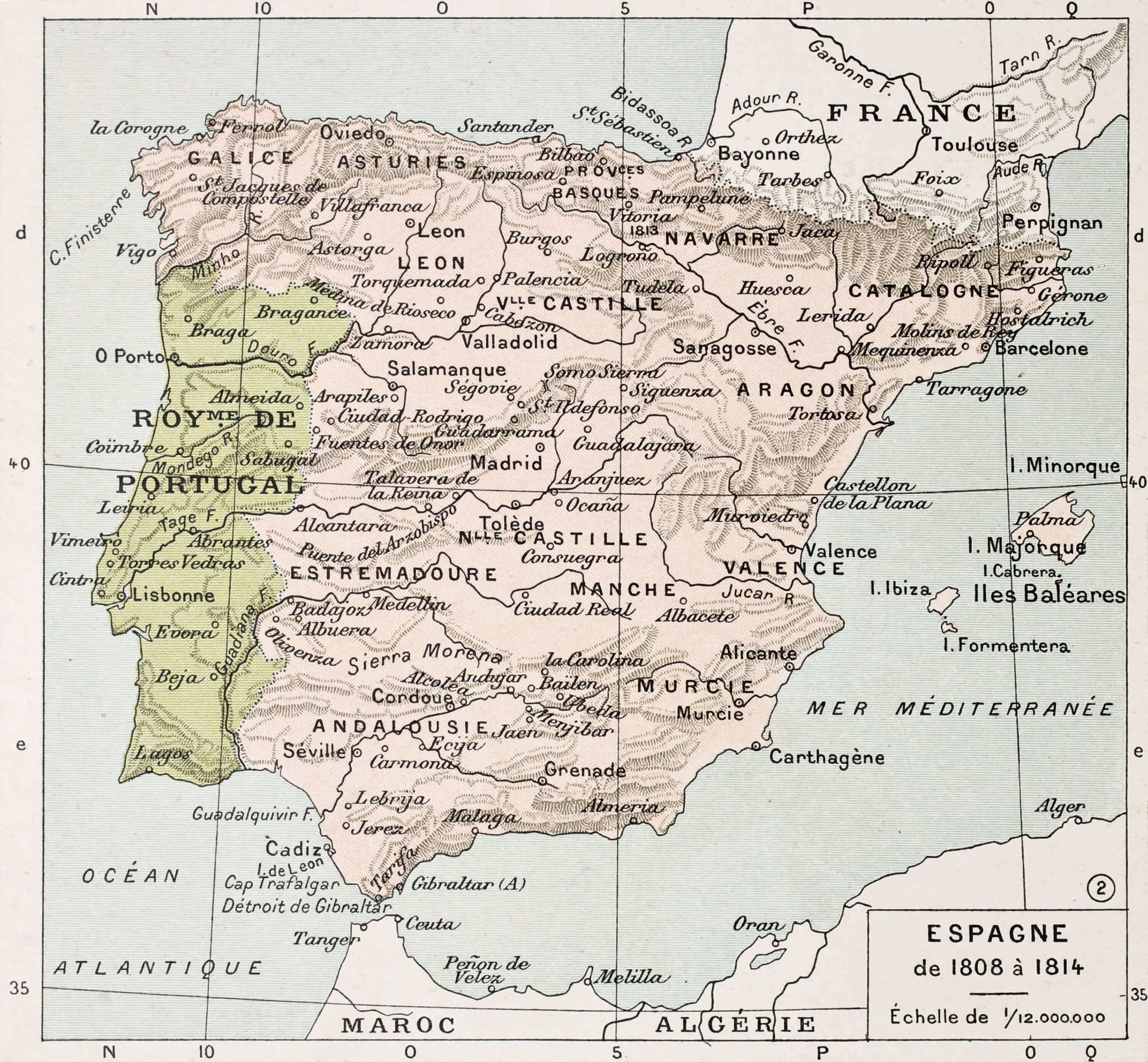 Historical map of Spain and Portugal from 1808-1814 with regional names