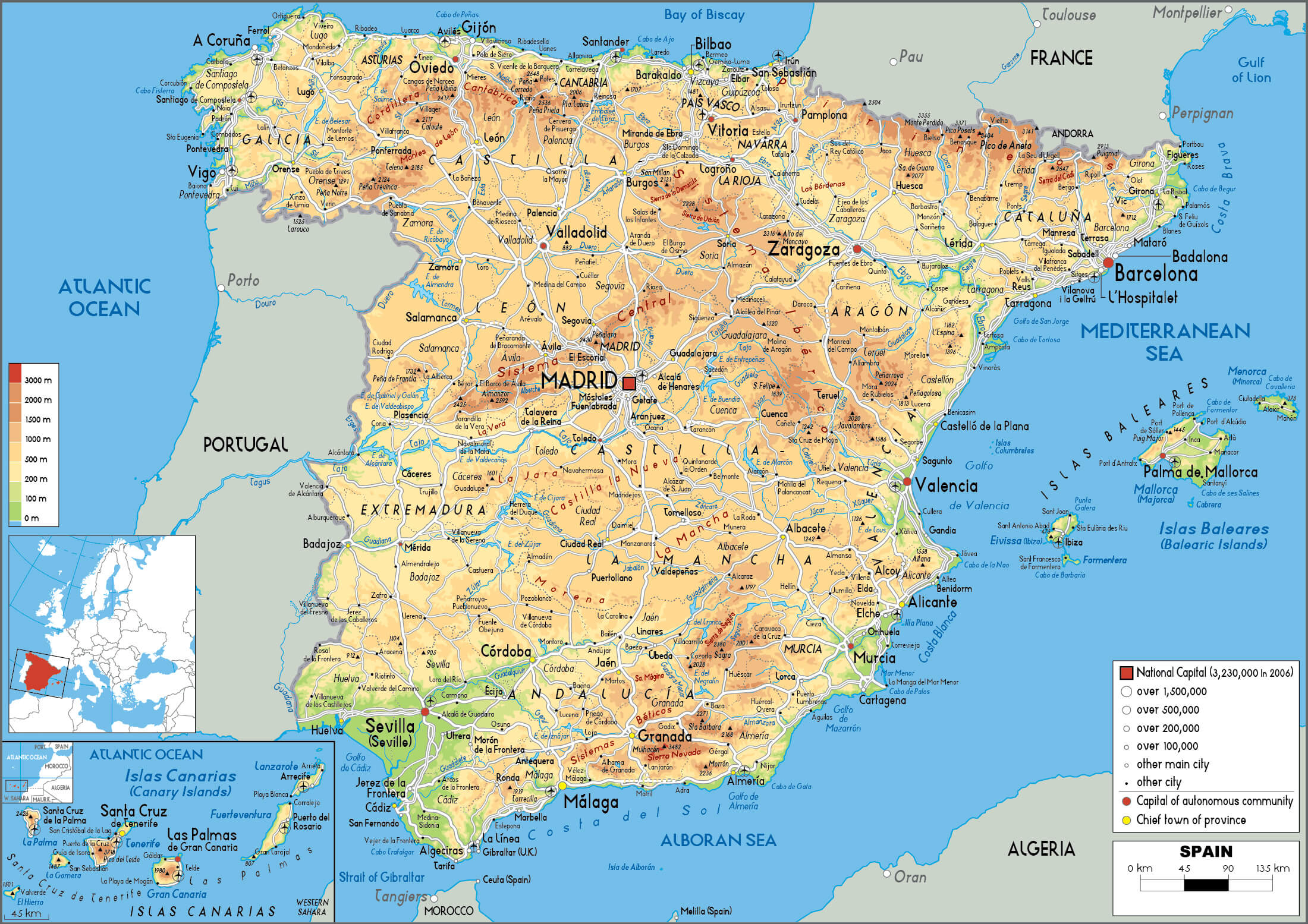 Physical map of Spain with major cities, mountains, and rivers