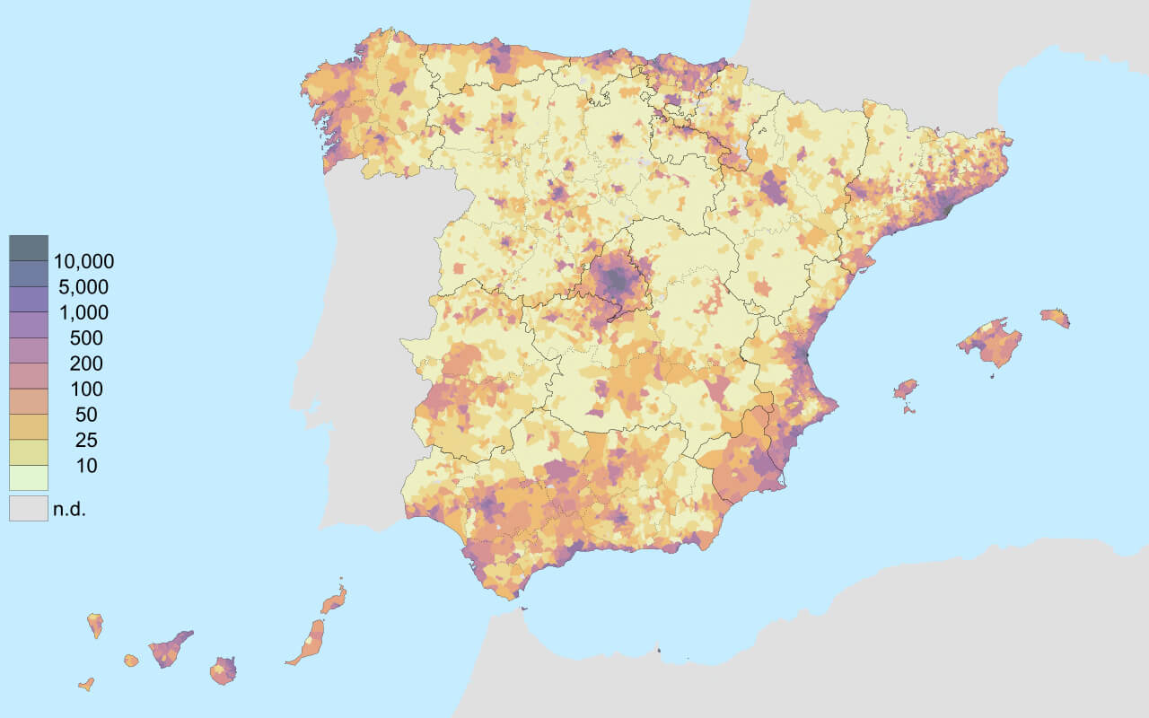 Spain population density map by region