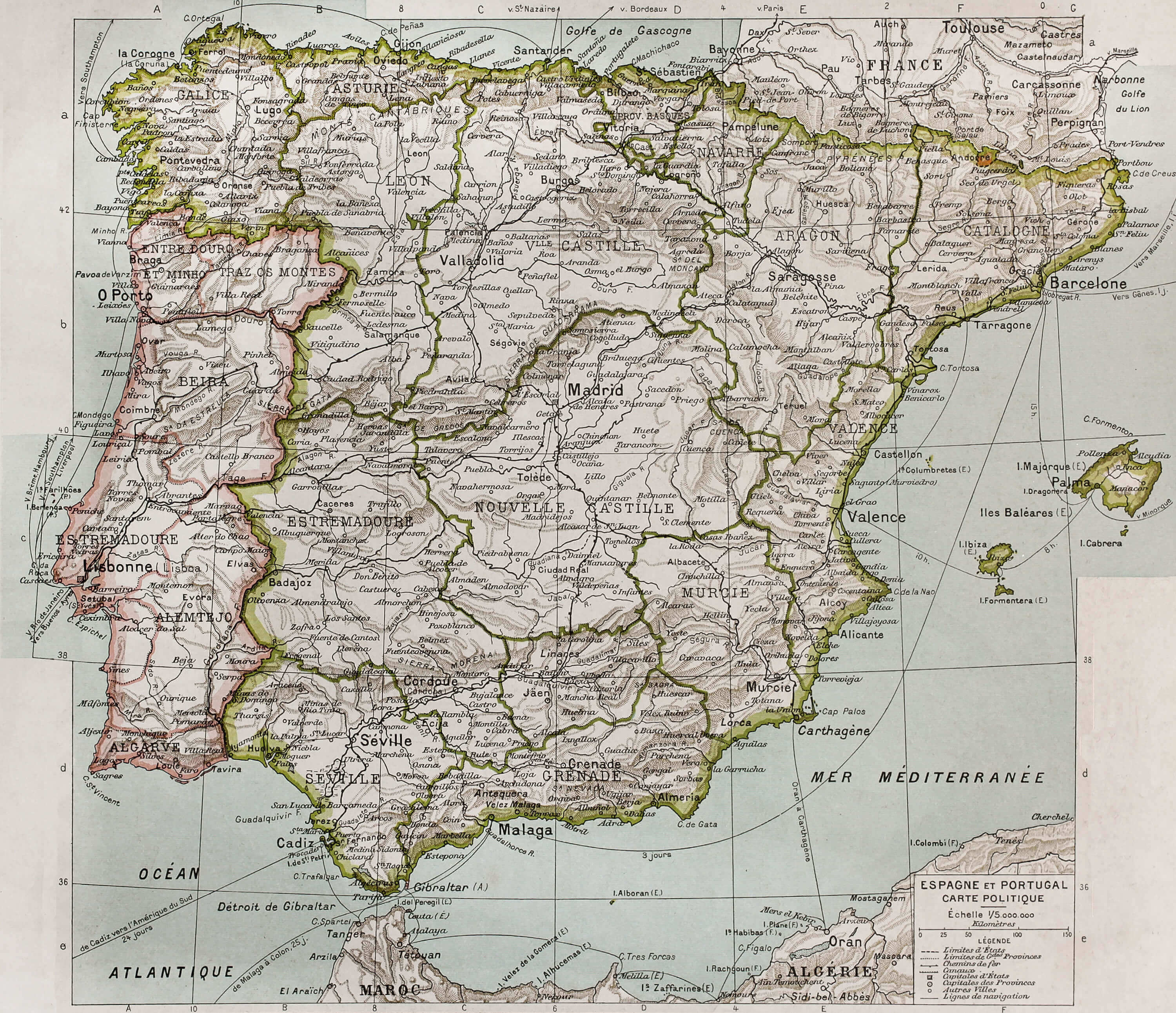 Spain and Portugal map in 1894, with regions and cities