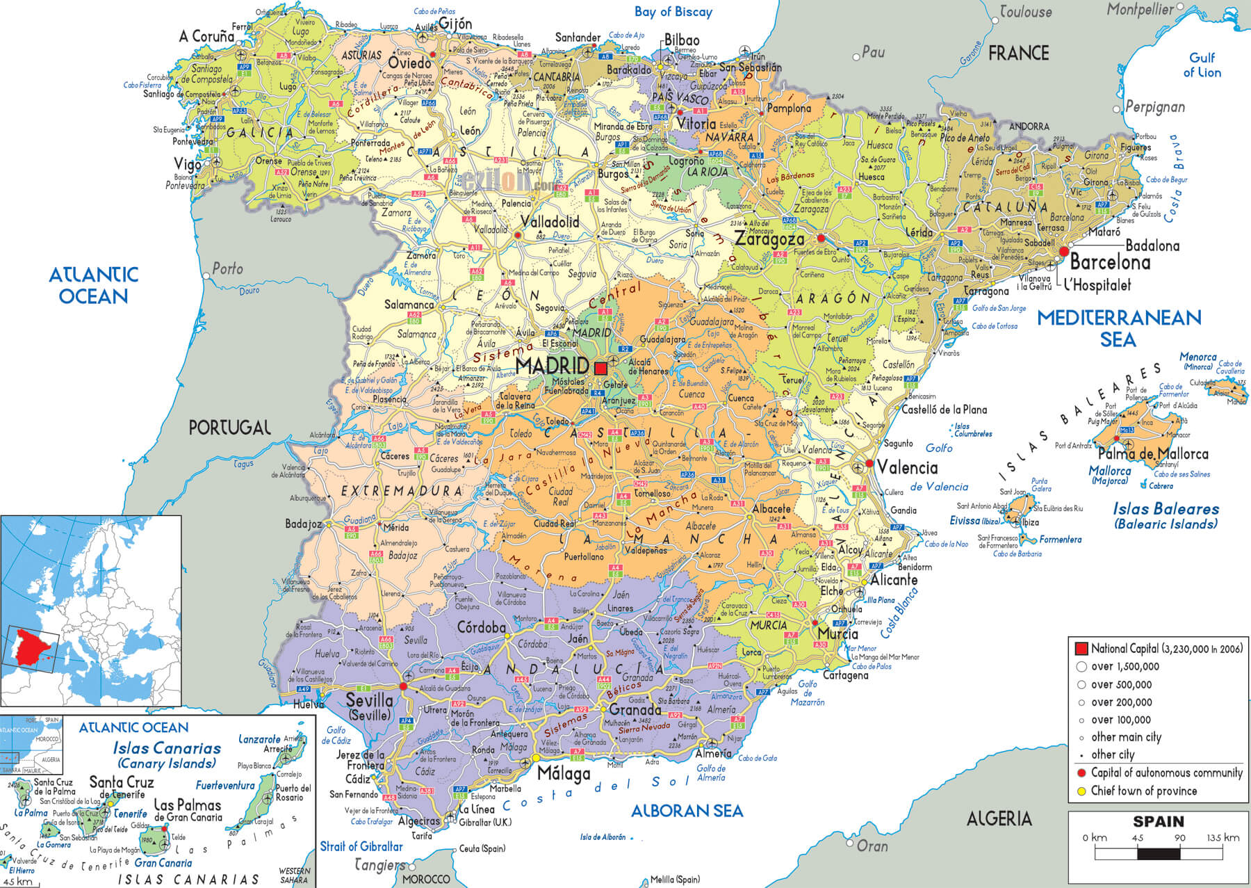 Spain regions, major cities, and administrative capitals map