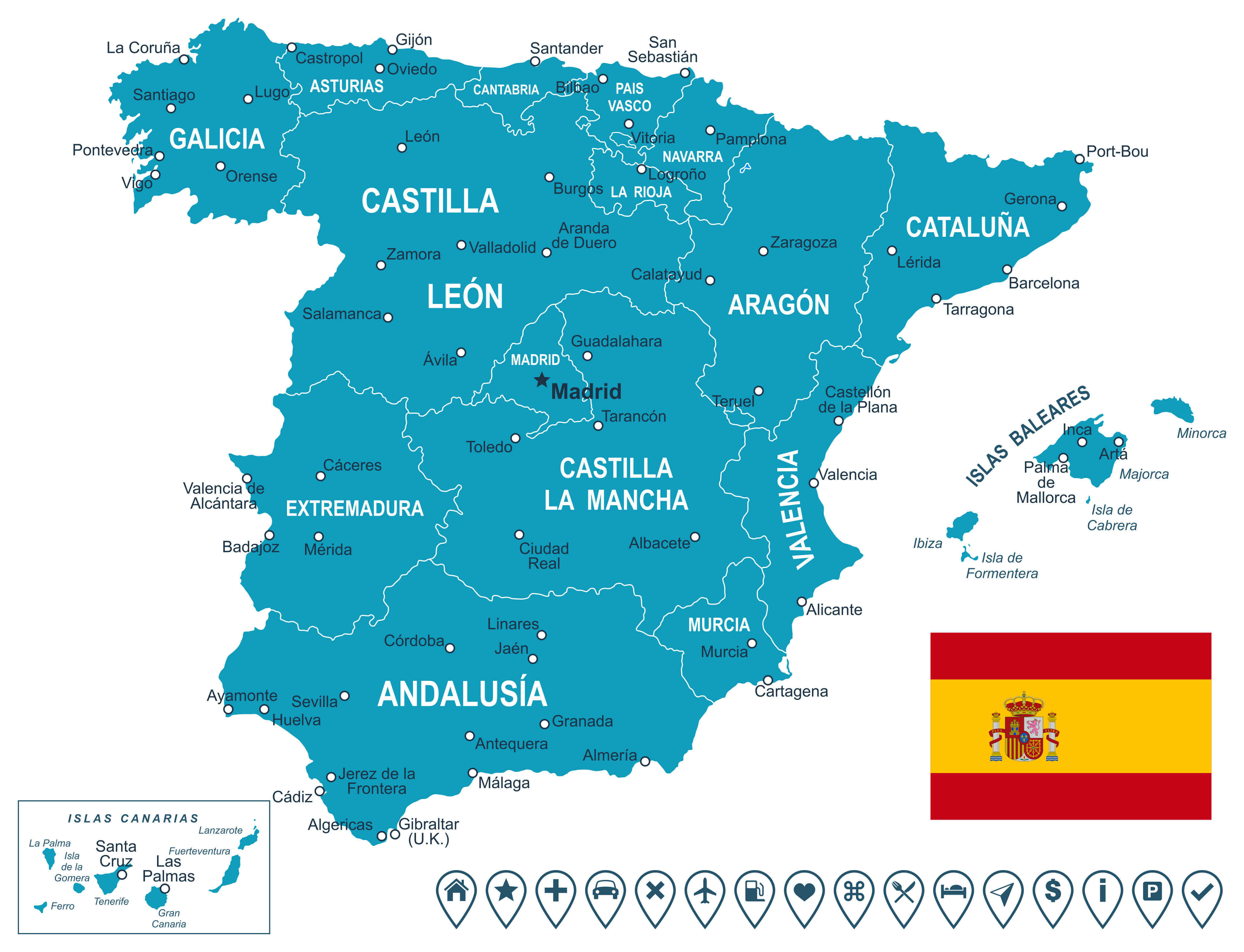 Spain autonomous communities and major cities map