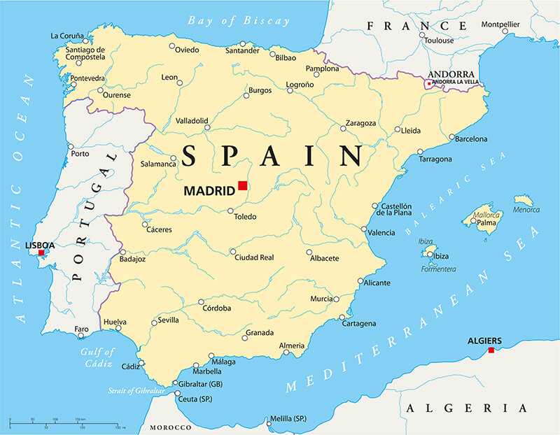 Spain major cities and river map systems across the country