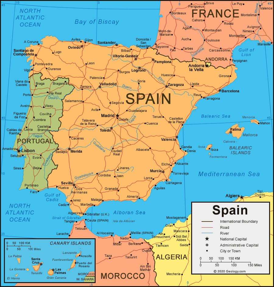 Spain major roads, highways, cities, and neighboring countries map