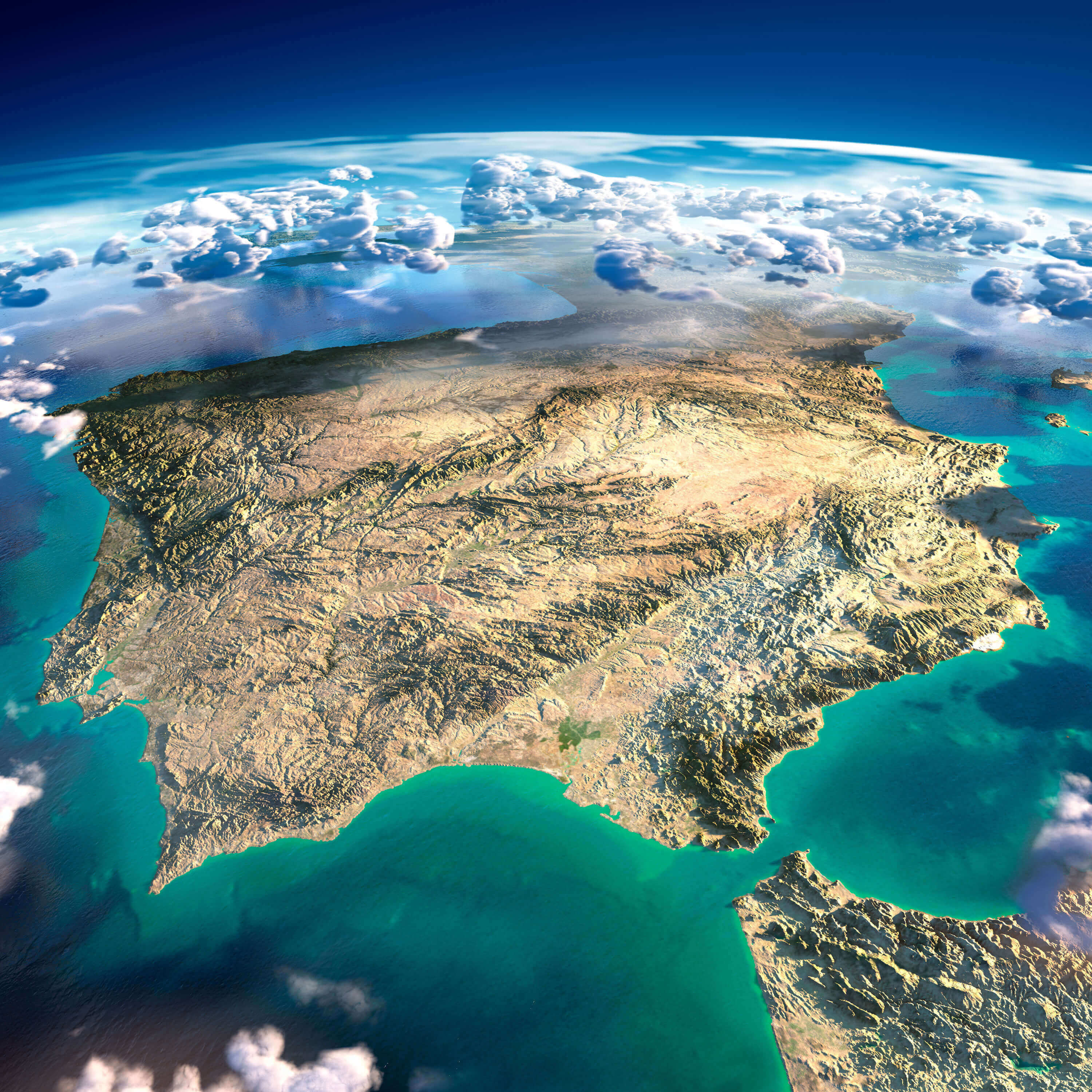 Satellite map of Spain with Portugal and Gibraltar topography