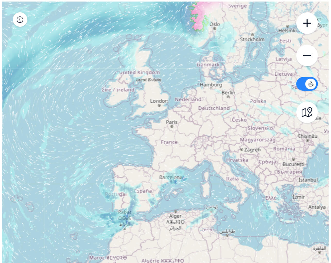 Satellite map of Spain's rainfall and wind patterns on October 30, 2024.