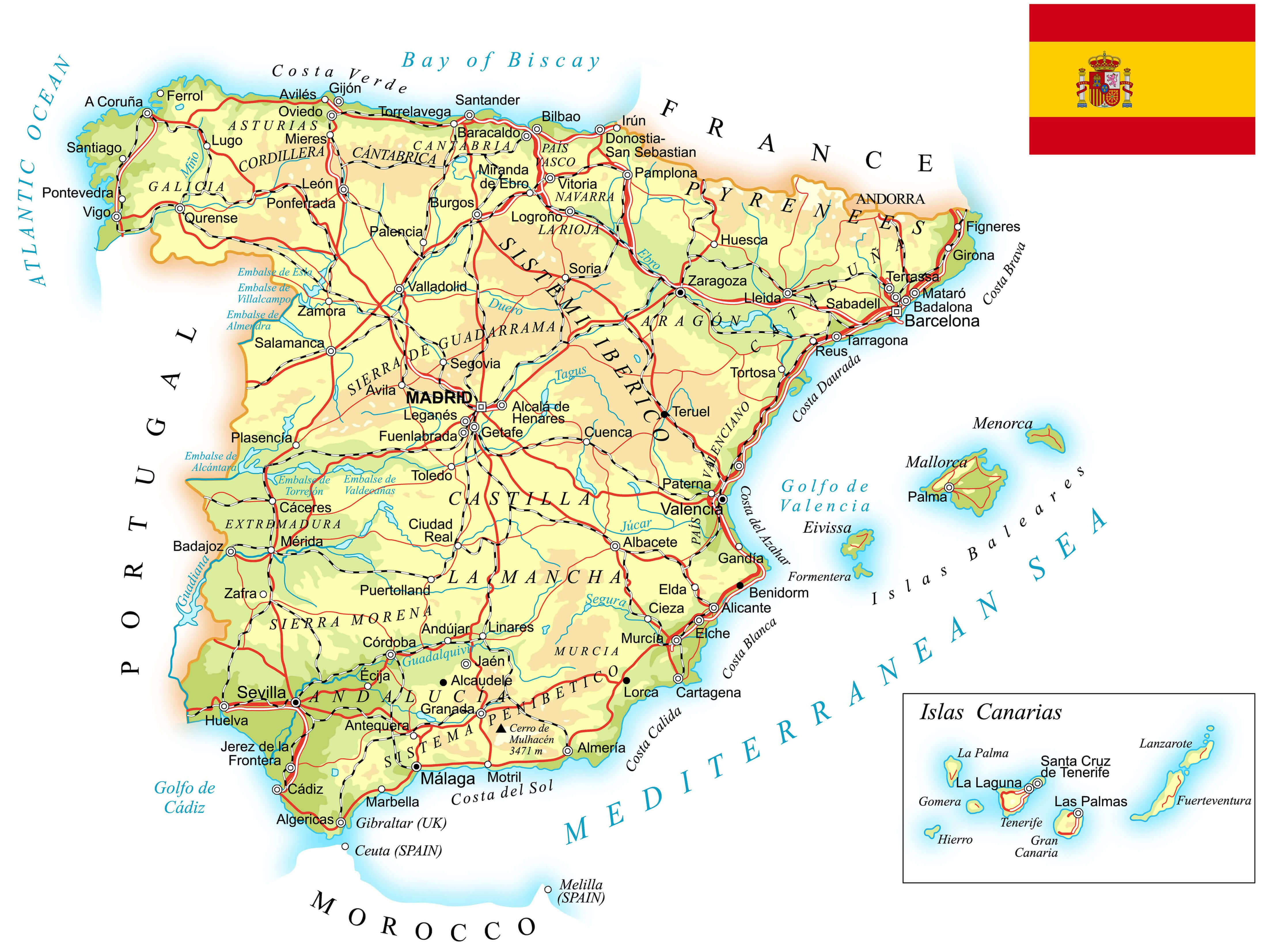 Topographic map of Spain highlighting Madrid, mountains, and main rivers.