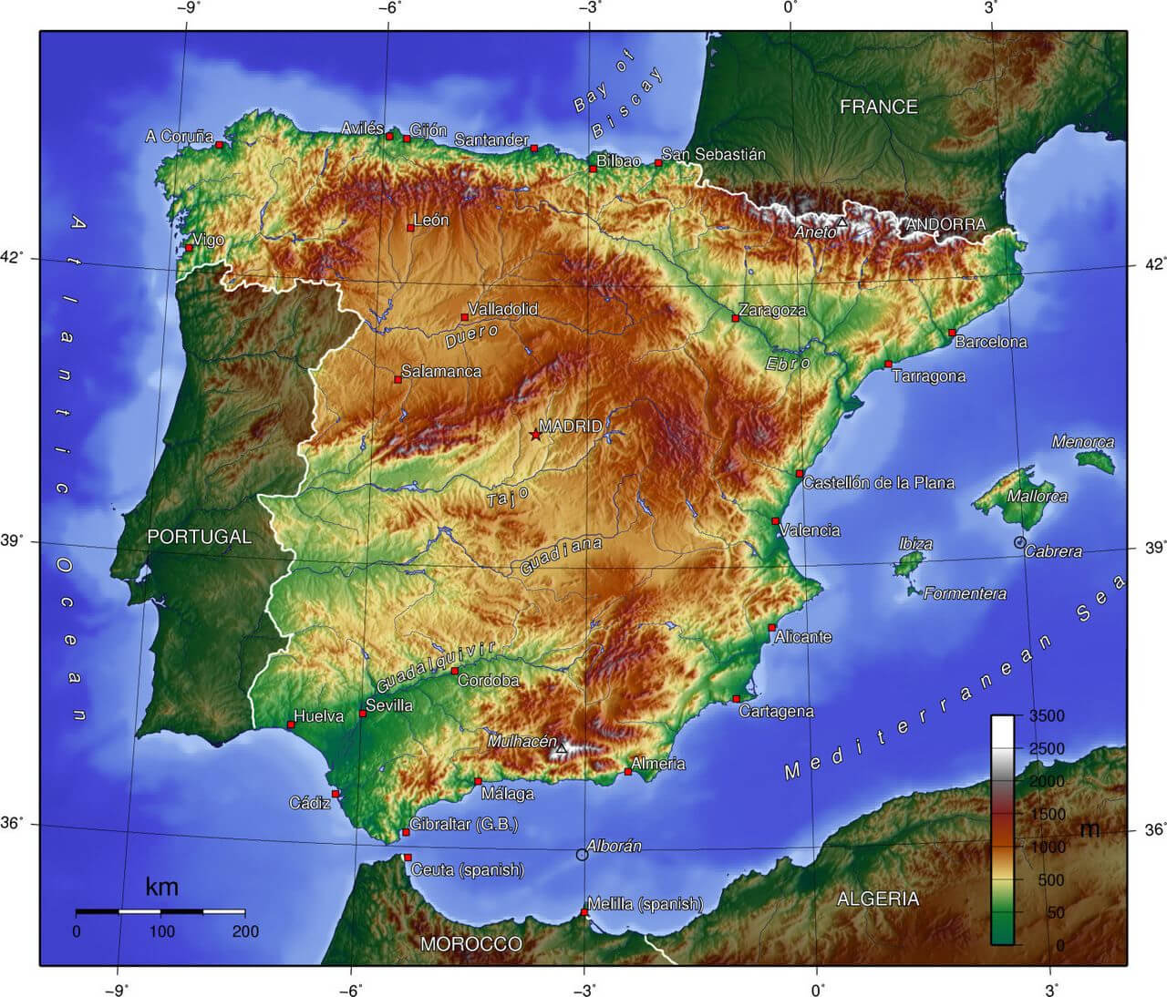 Spain elevations, mountains, and major rivers map