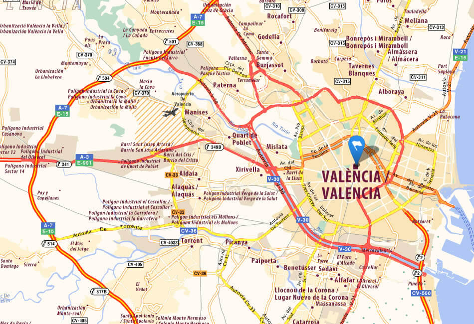 Valencia city center map with main roads and surrounding areas