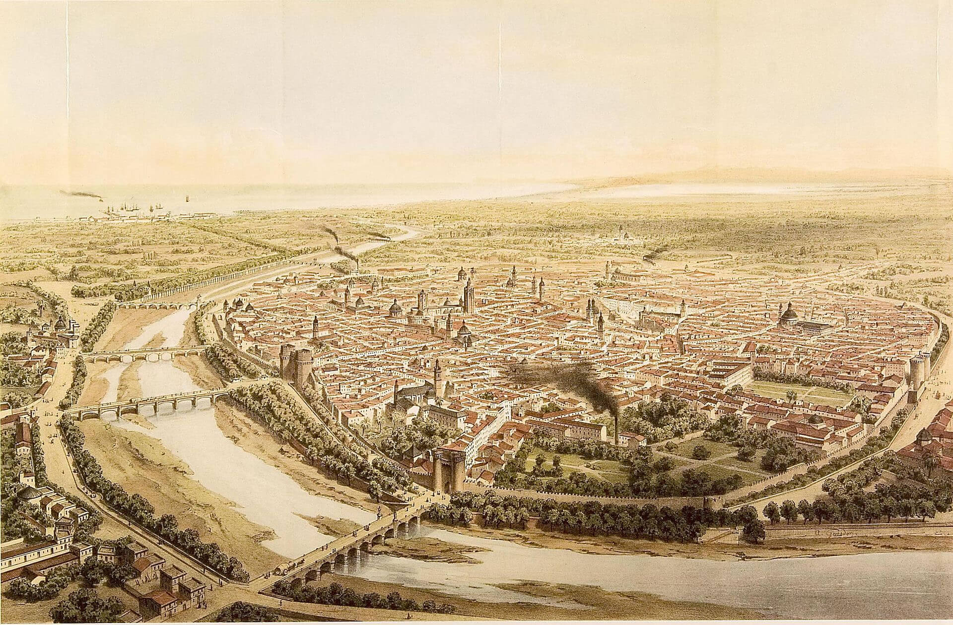 Valencia city historical map with walls and Turia River, 1832