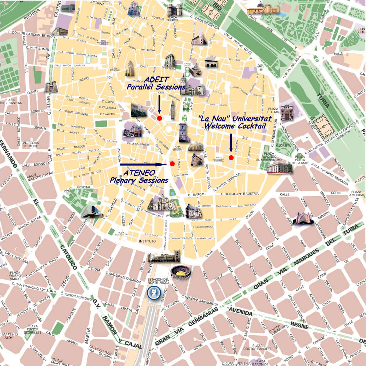 Valencia historical map with landmarks and event locations labeled