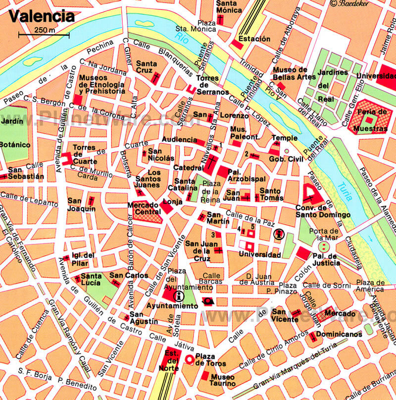 Valencia city center map with major landmarks and streets labeled