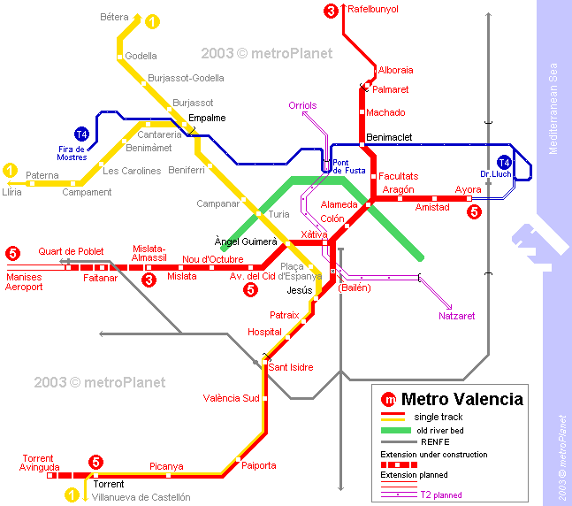 Valencia metro map with main lines and key transfer stations