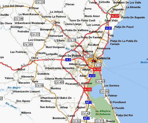 Valencia regional map with main highways and surrounding towns