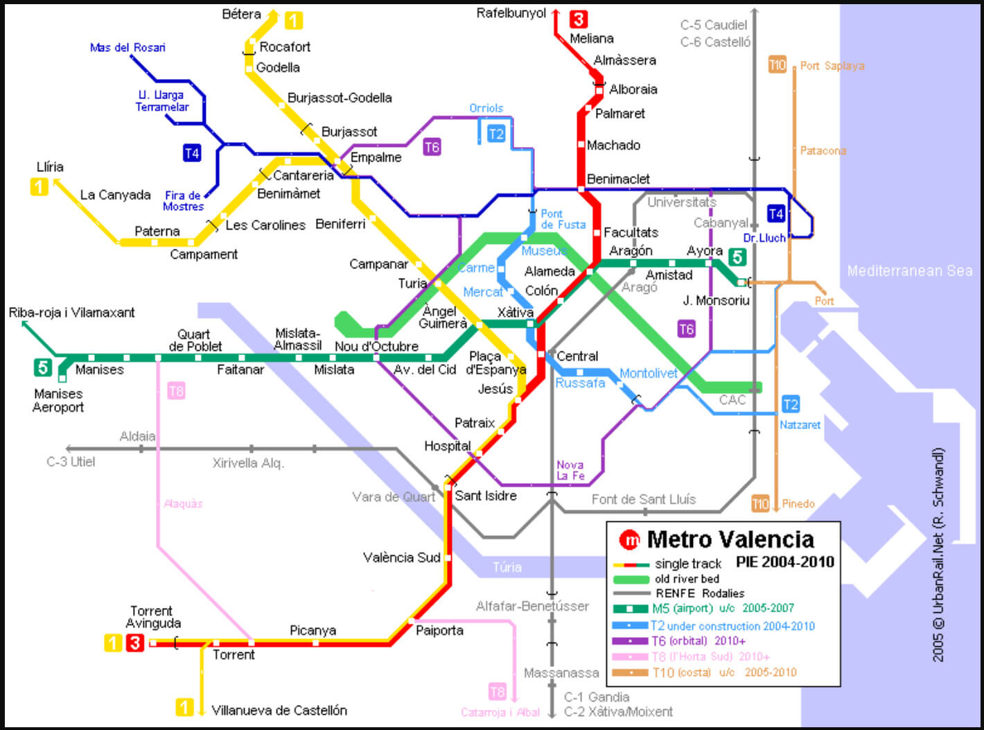 Valencia metro map with various subway lines and stations