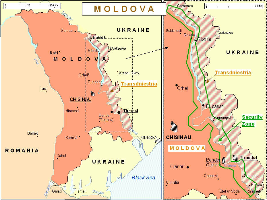 Map showing Transnistria region along Moldova-Ukraine border