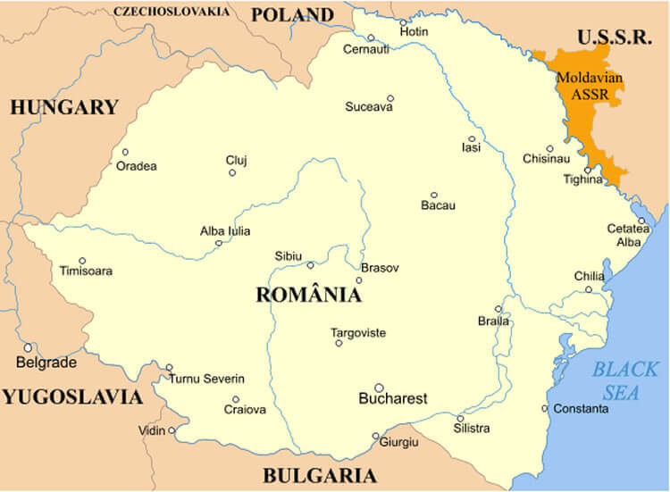 Map showing Romania and Moldavian ASSR in the 1920s near U.S.S.R.