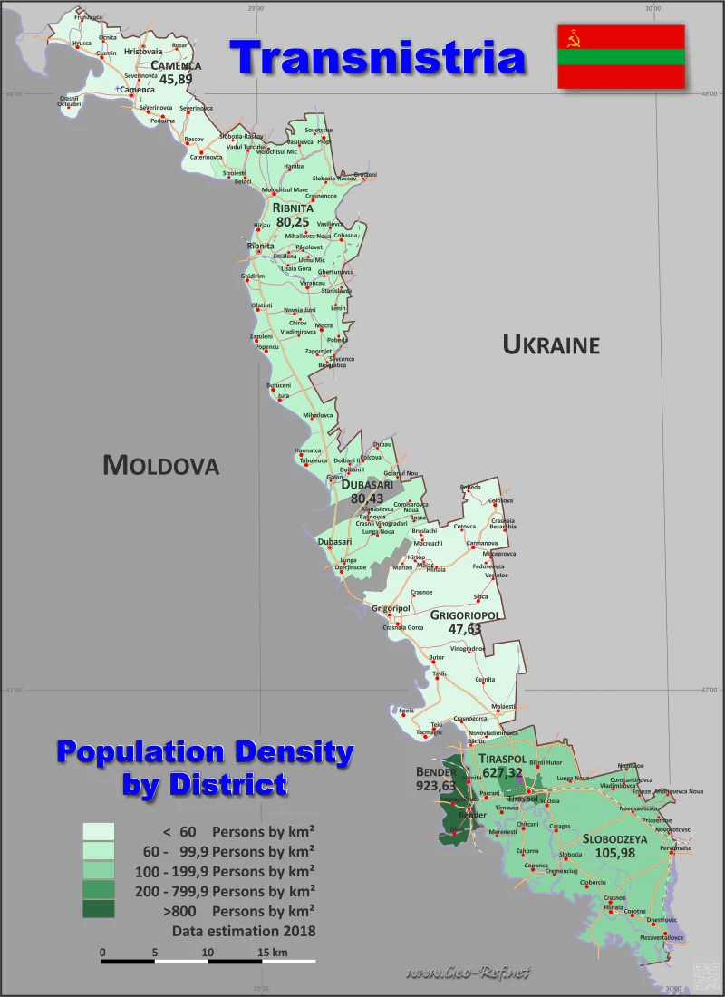 Transnistria map with population density across districts