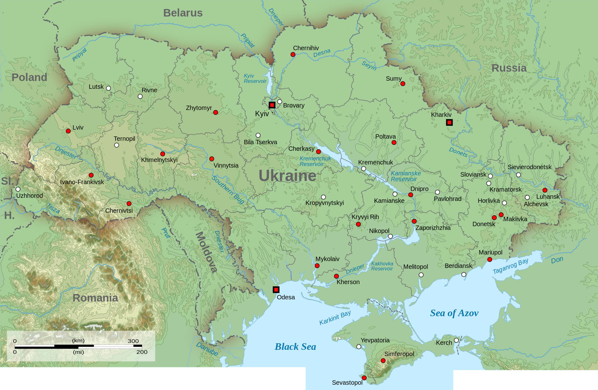 Topographic Map of Ukraine with Borders Cities