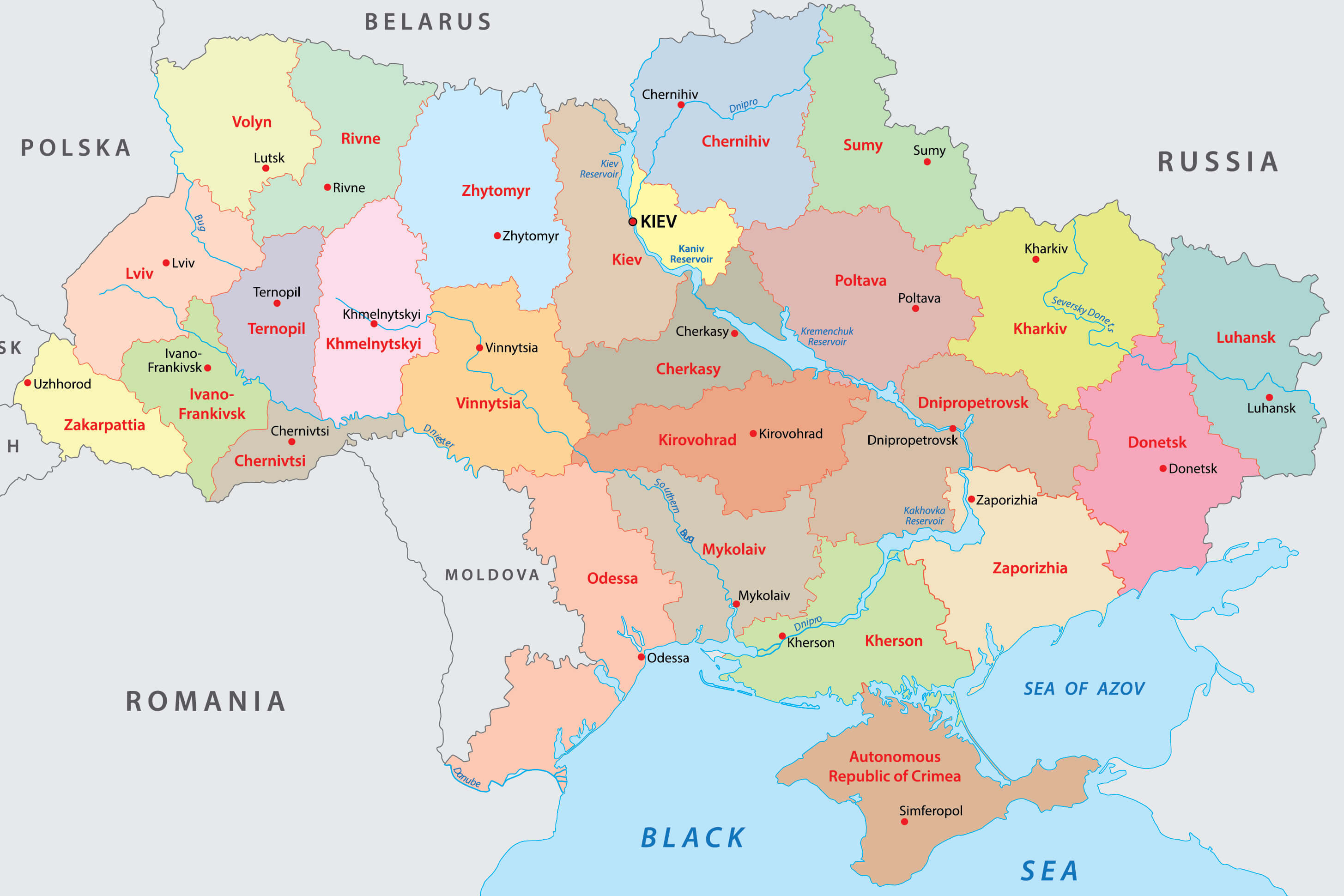 Ukraine Provinces Map with Major Cities