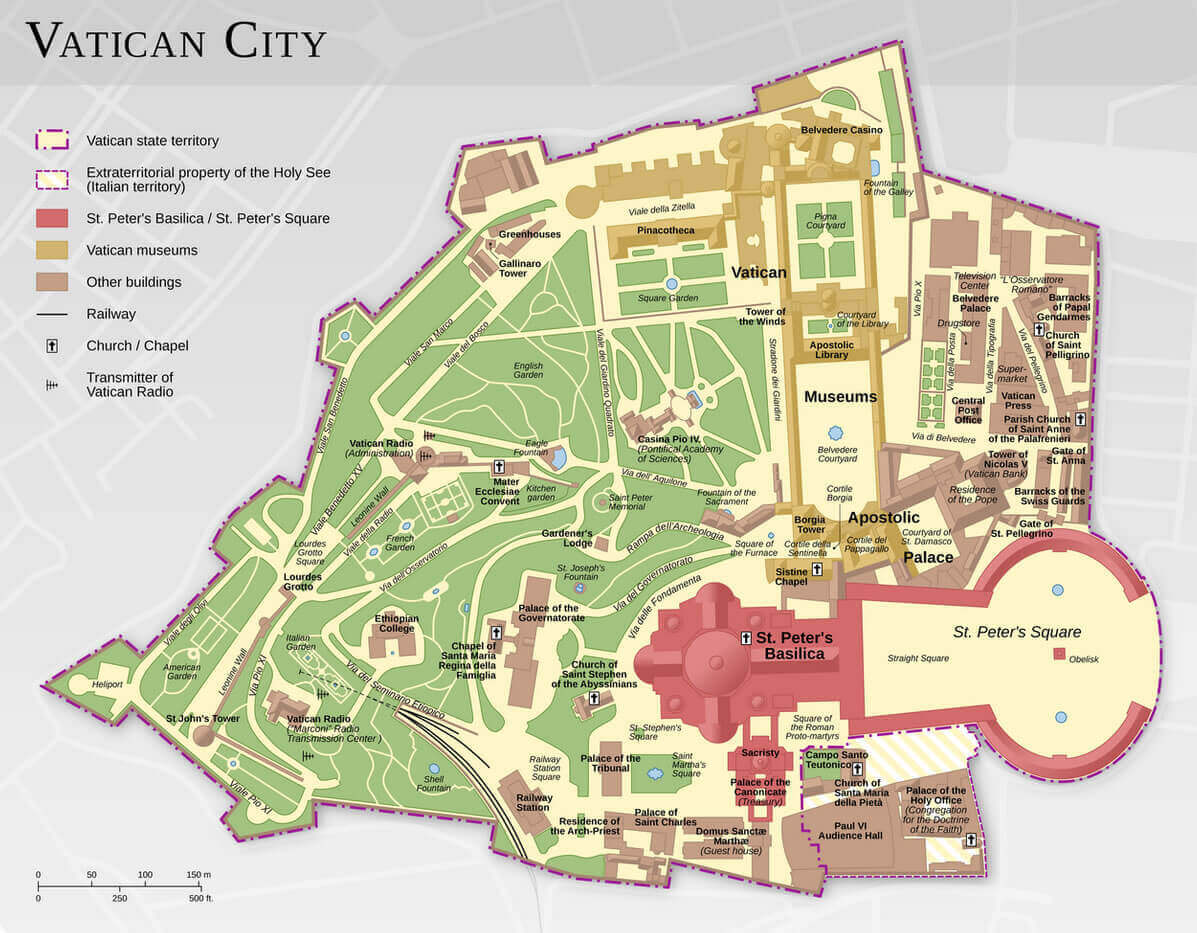 Detailed Vatican City map with St. Peter's Basilica, museums, and gardens