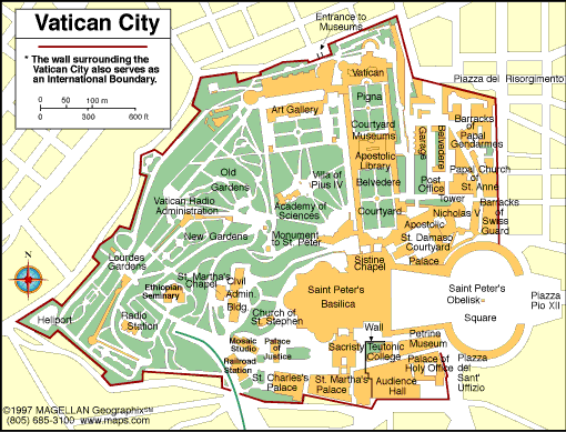 Map of Vatican City showing landmarks, St. Peter's Basilica, and gardens