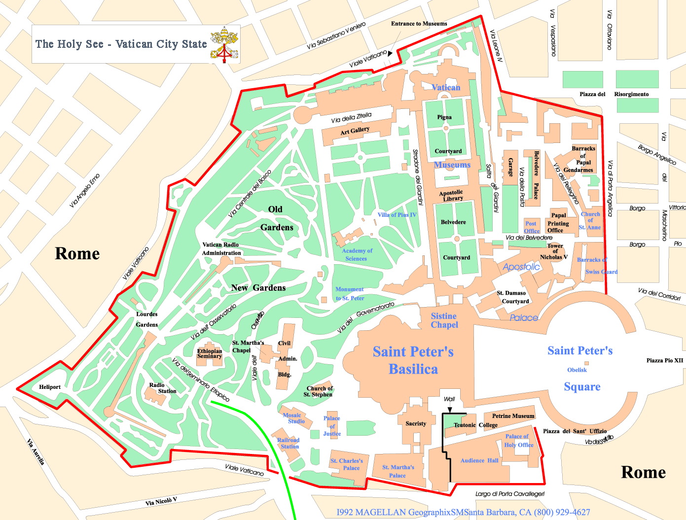 Map of Vatican City with landmarks like Saint Peter's Basilica and Gardens