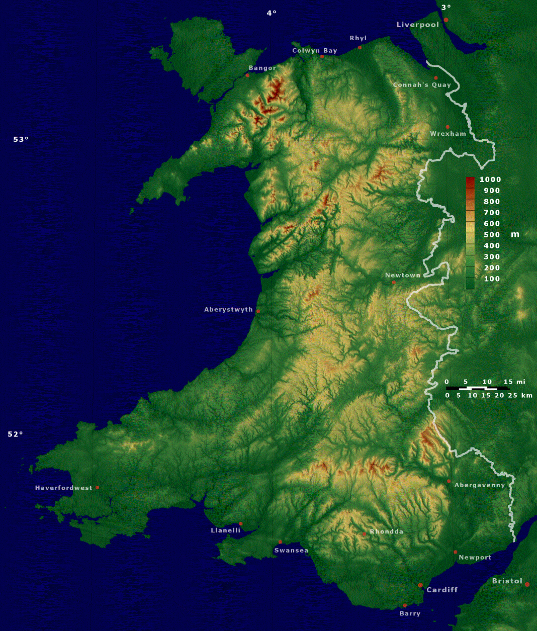 Physical Map of Wales