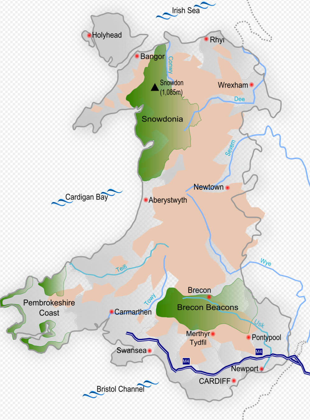 Relief map of Wales with national parks