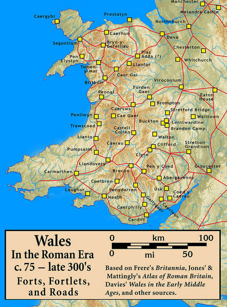 Roman-era map of Wales showing forts, fortlets, and roads