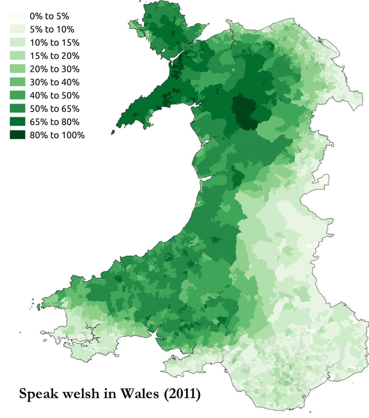 Map of Wales showing percentage of Welsh speakers by area