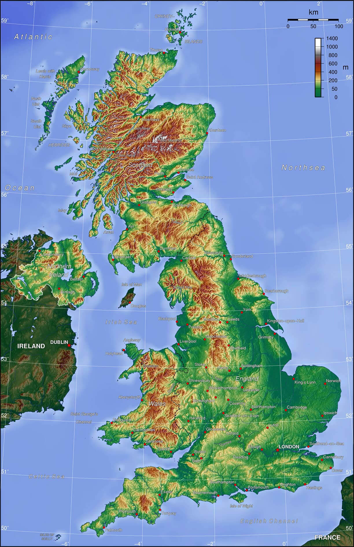 Wales and Great Britain Topography Map