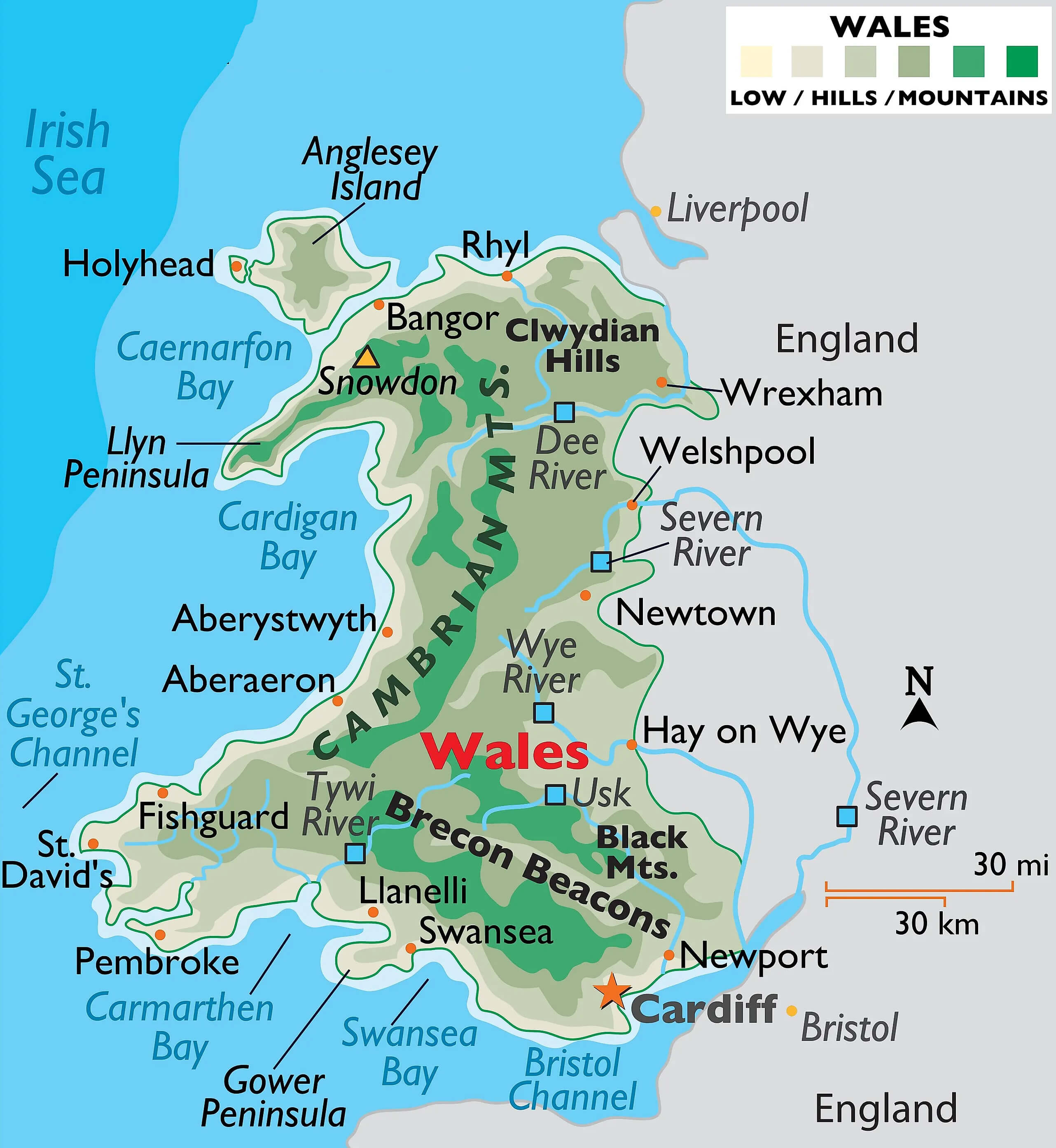 Map of Wales with major cities, rivers, and mountain ranges