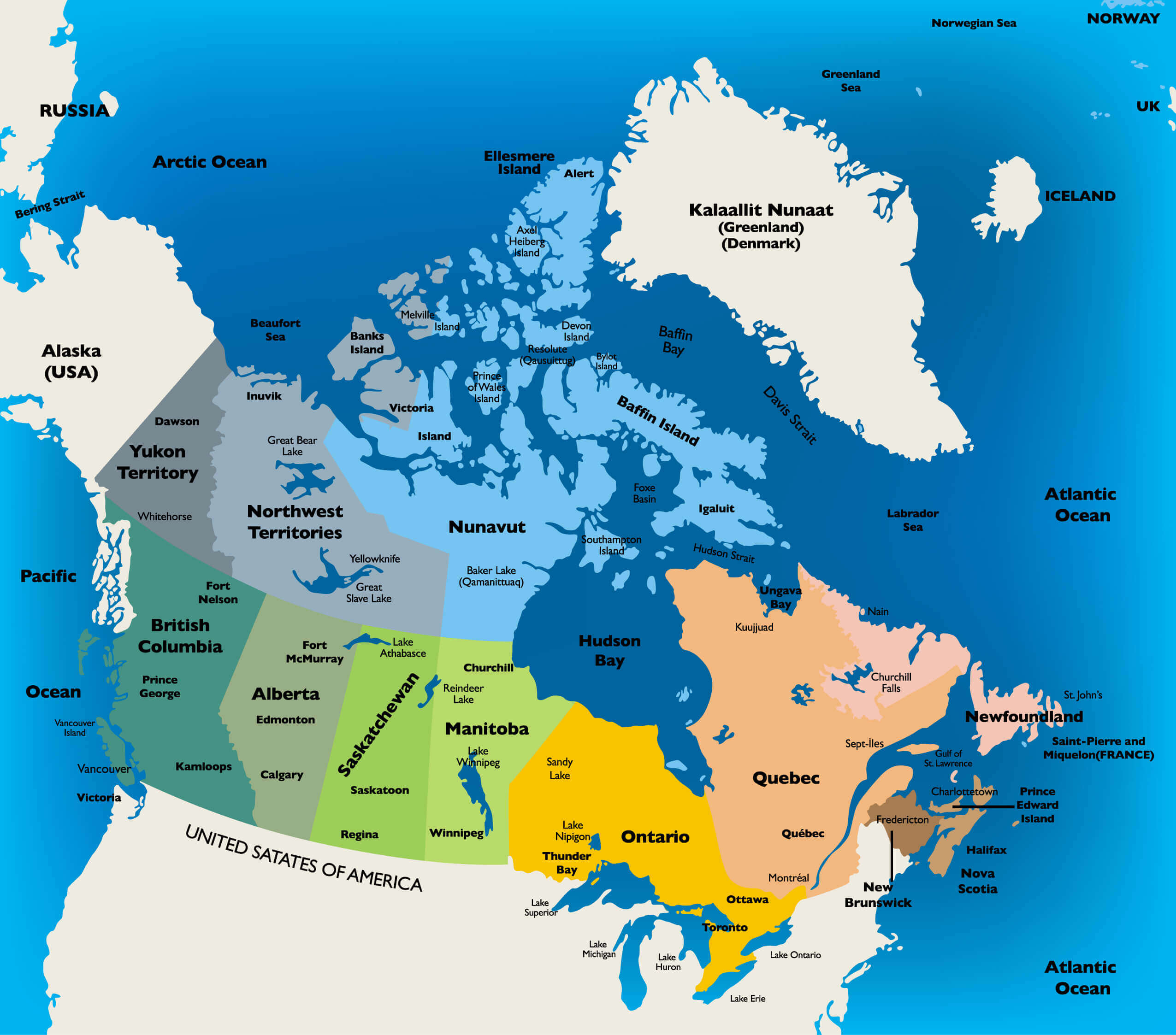 Canada map with 10 provinces, 3 territories, and their capital cities