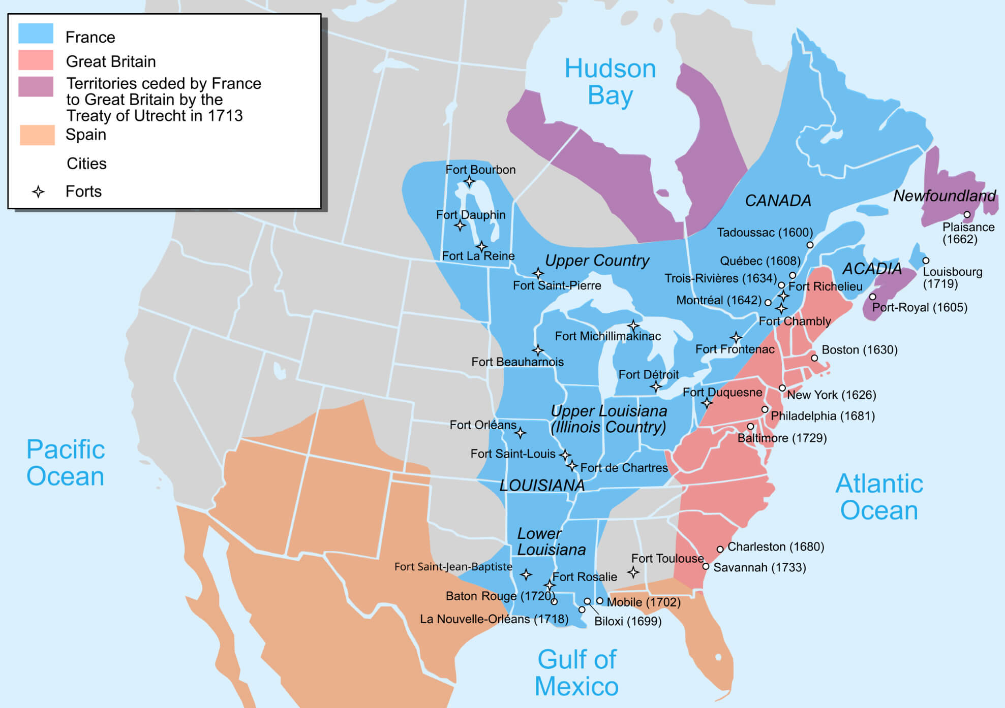 Canada US cities map in 1713