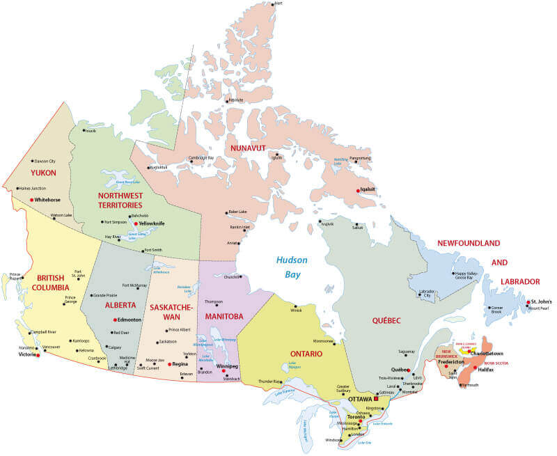 Canada administrative map with major cities