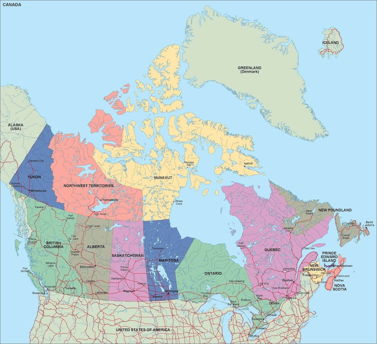 Canada provinces map with cities