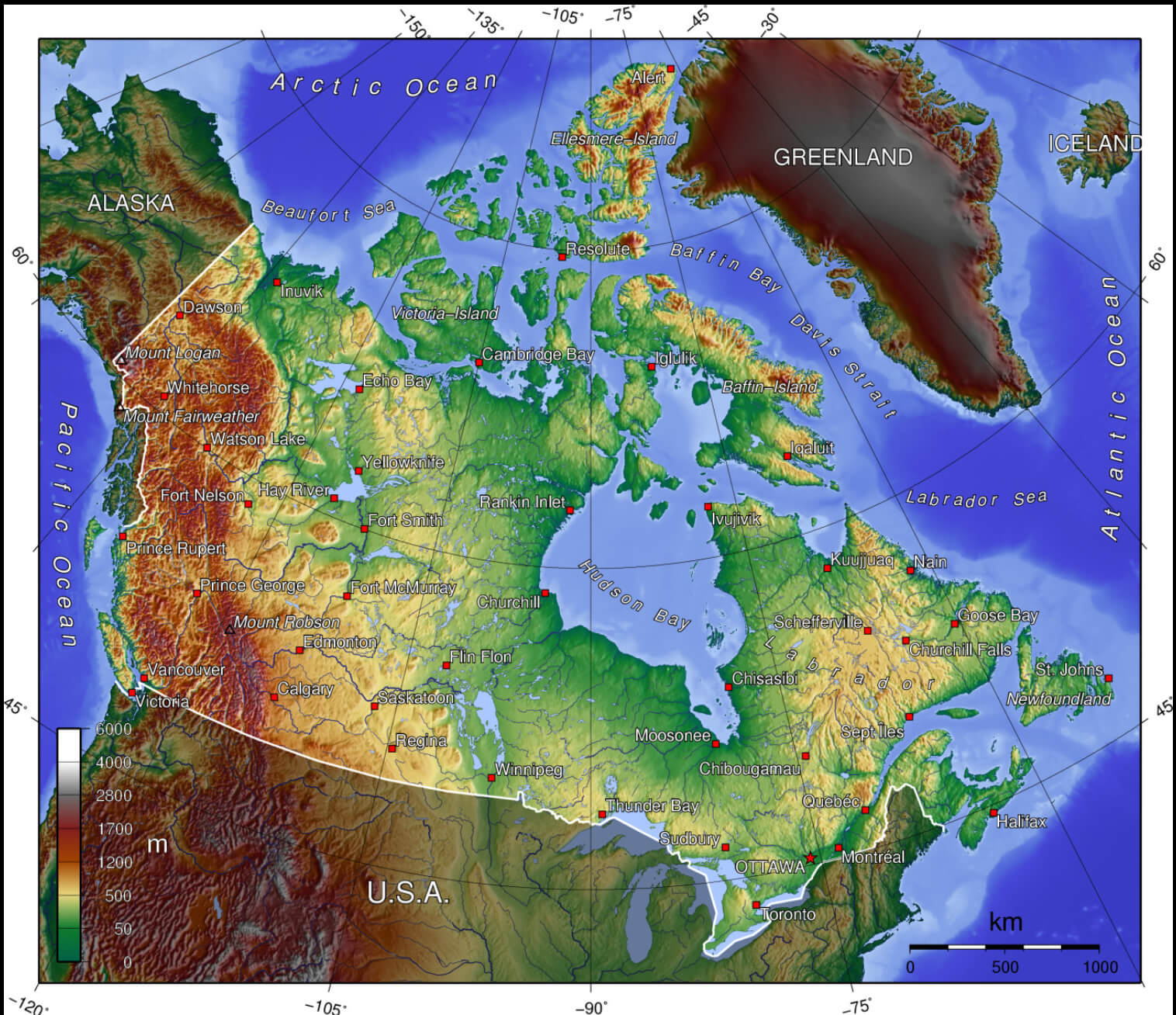 Topographic map of Canada with cities	