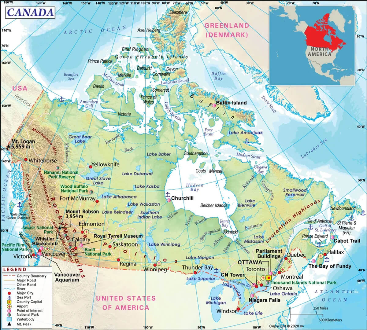 Map of Canada with cities, landmarks, and natural features across provinces