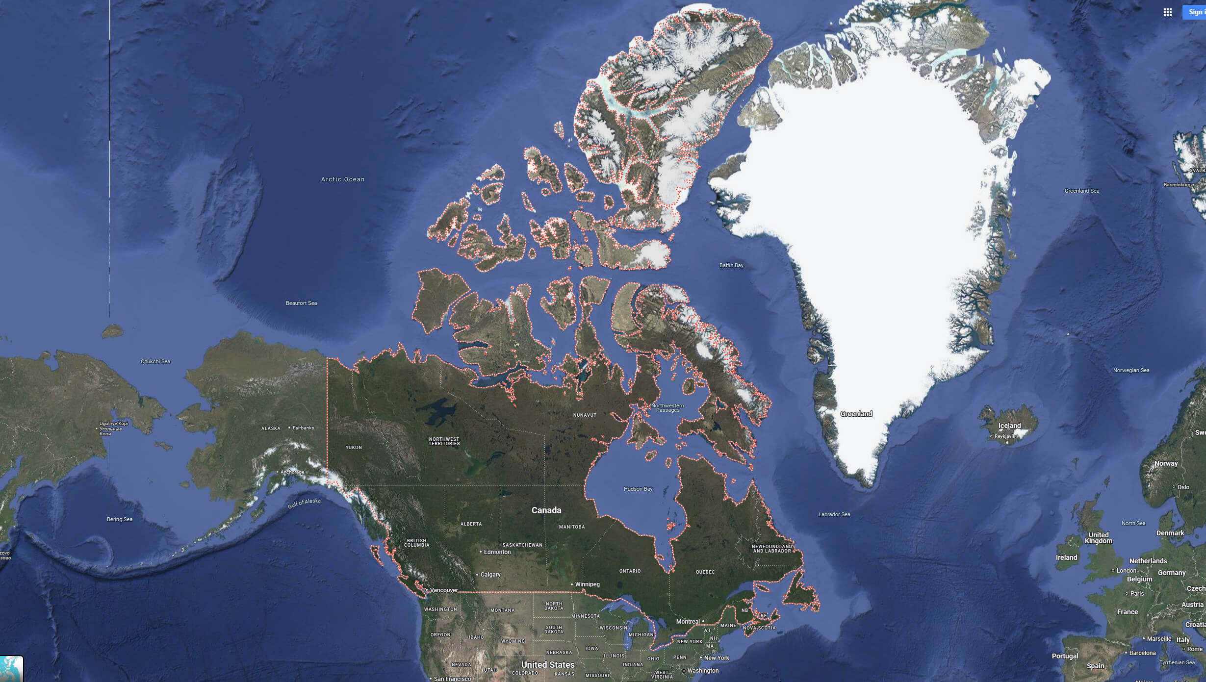 Canada Physical map with US and greenland