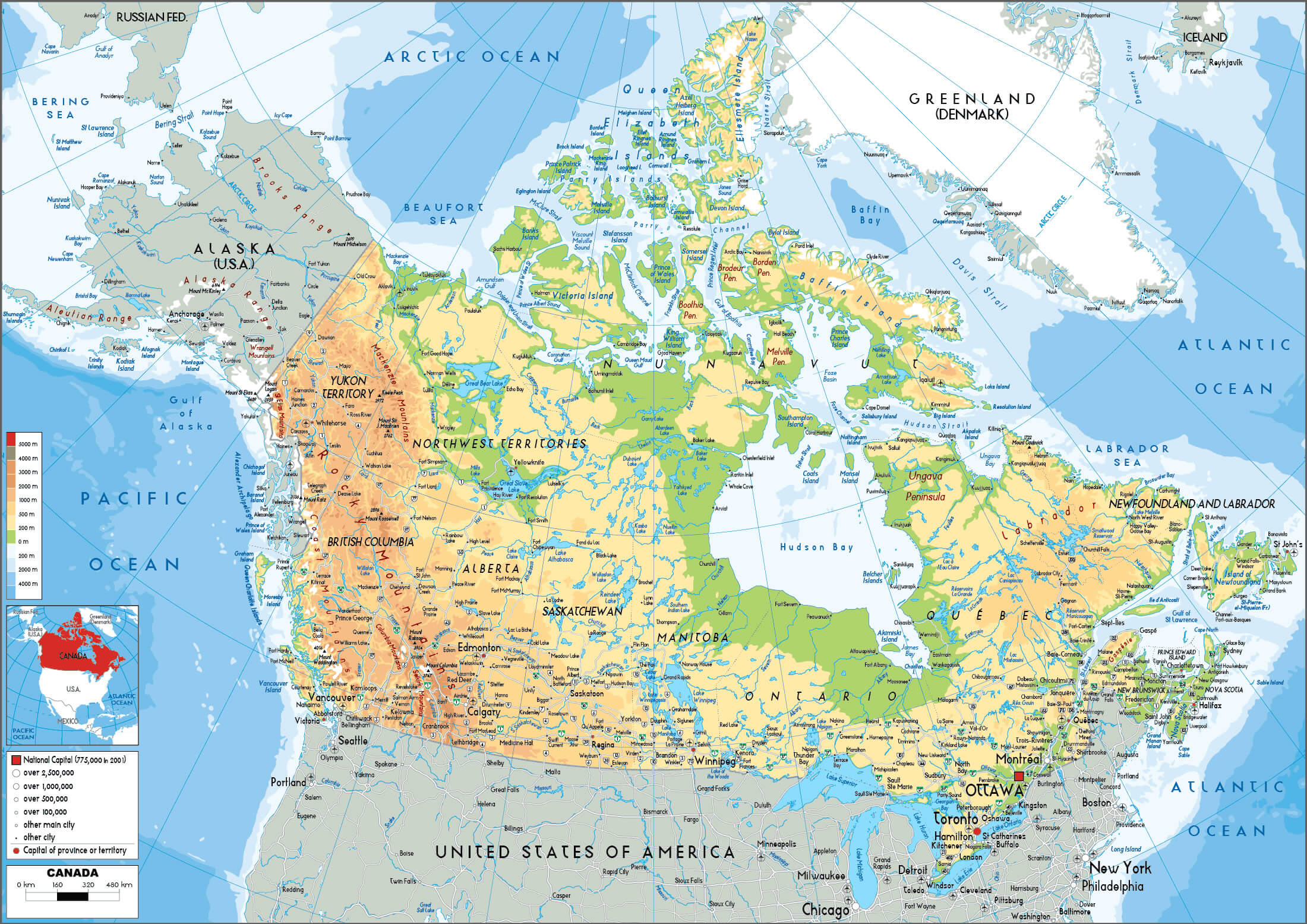 Physical map of Canada with cities, provinces, and natural features.