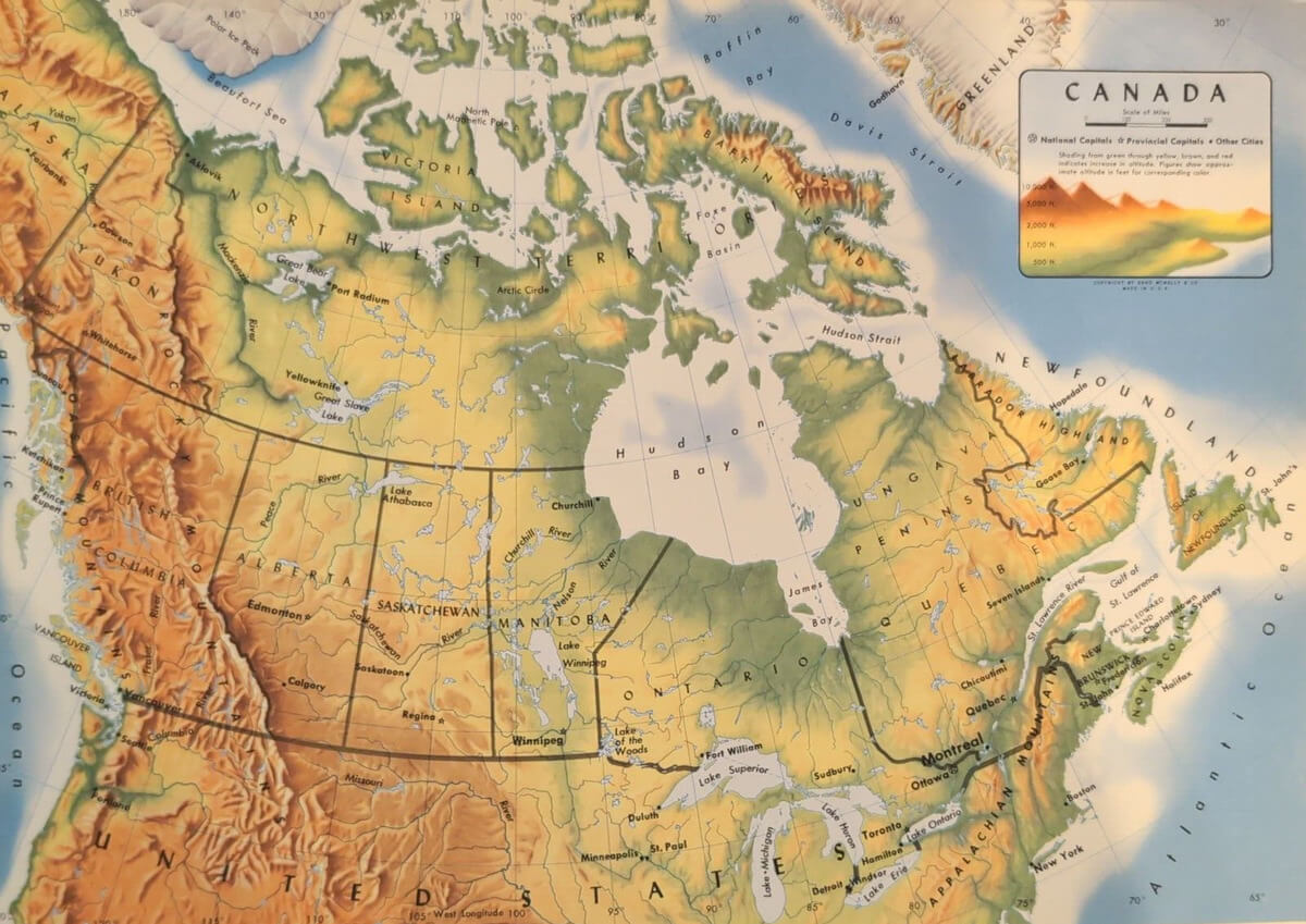 Canada Physical map with mountains plains