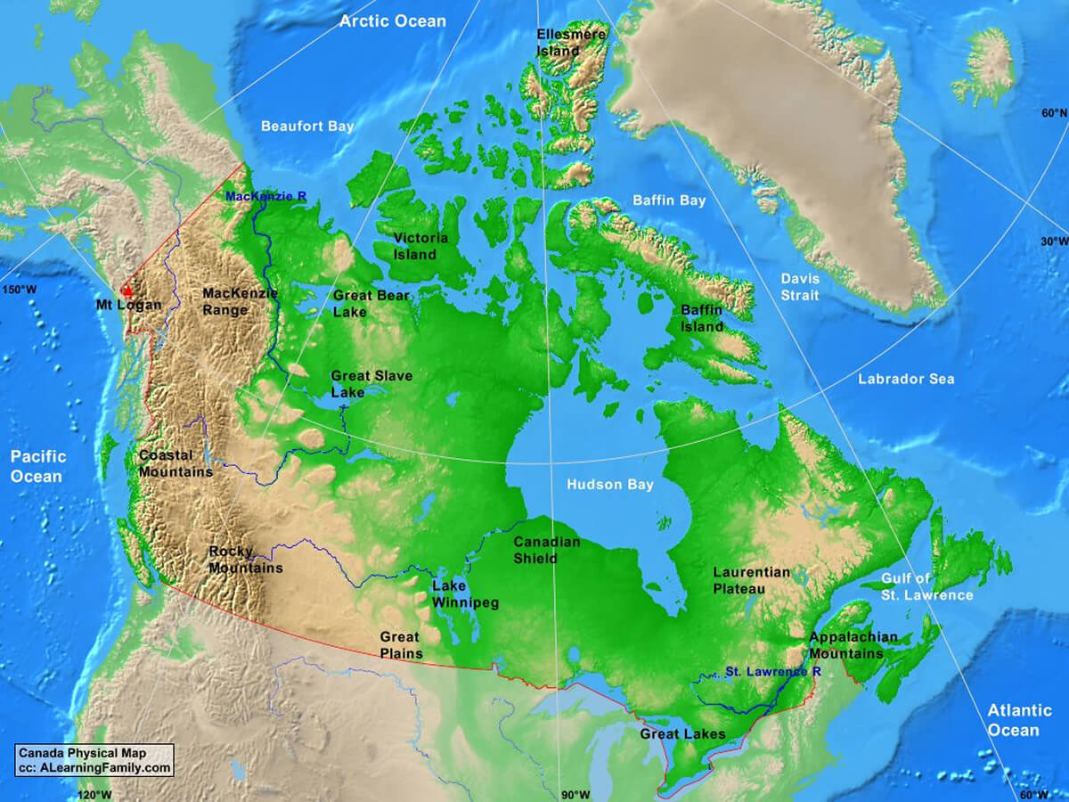 Canada's Physical Map with Pacific and Atlantic Oceans