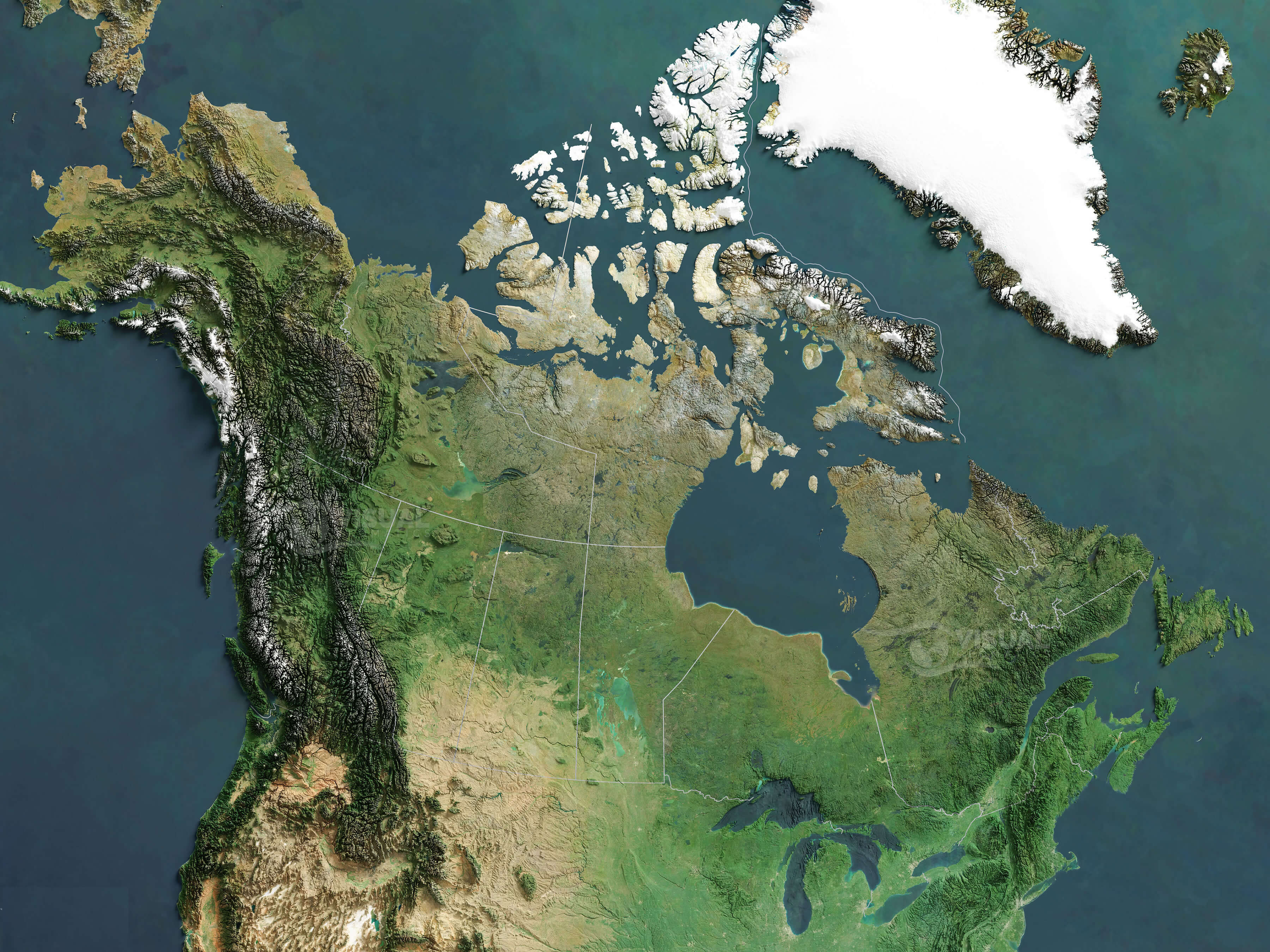 Canada satellite map with Canada territories borders