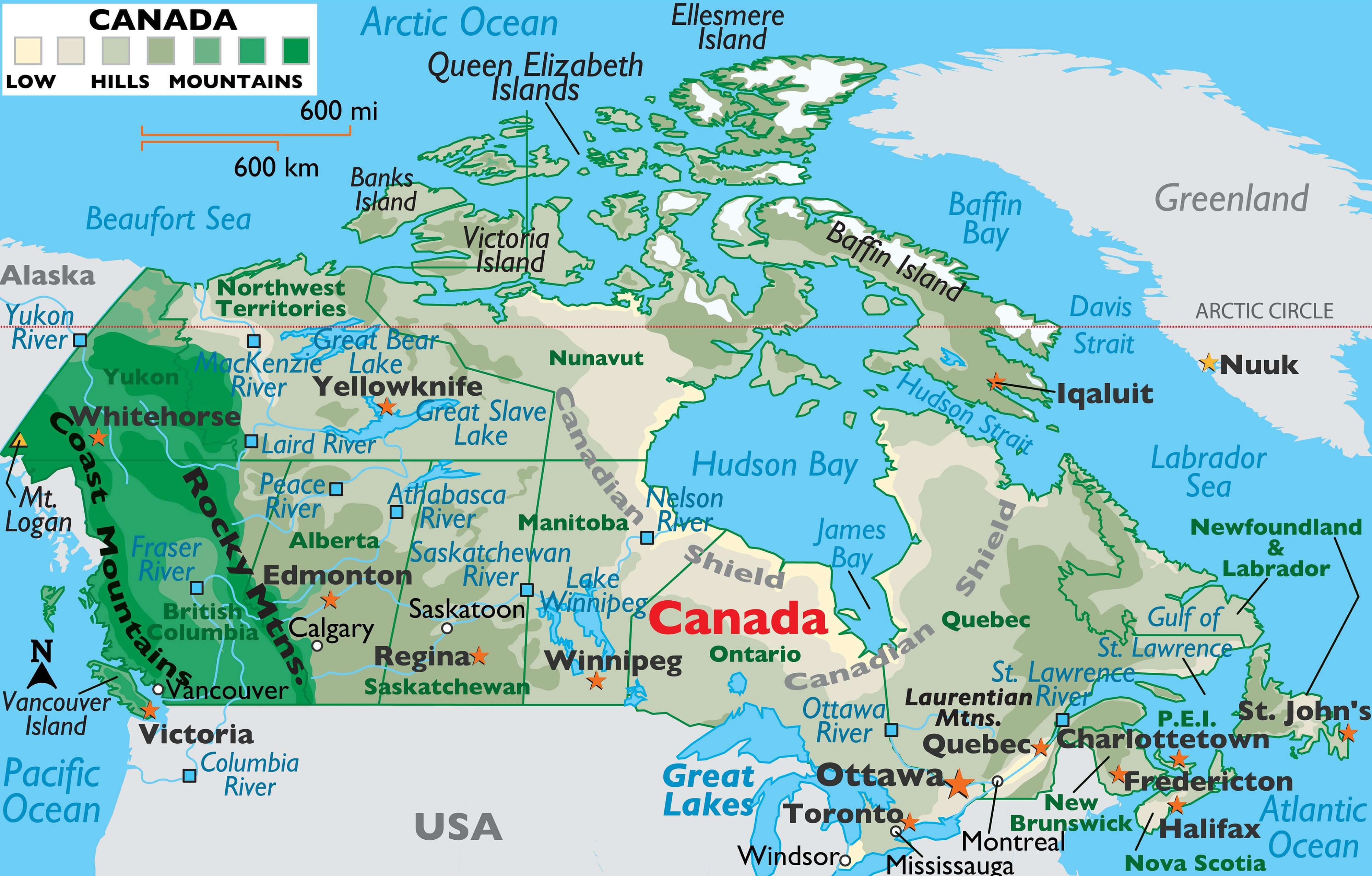 Physical map of Canada mountains and rivers