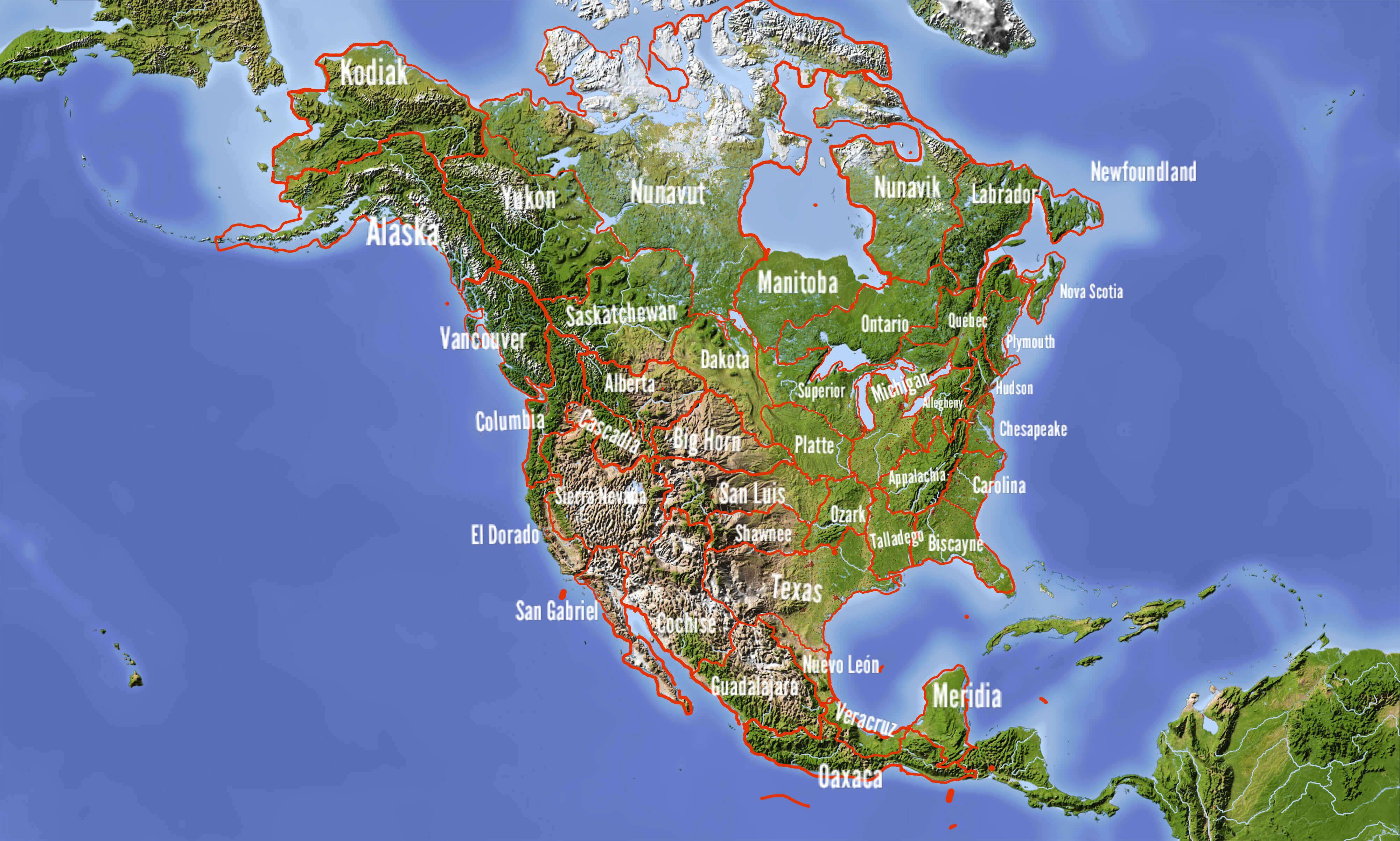 Physical map of Canada with territories and United States